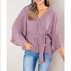 NWT Mauve Pleated Sleeve Wrap Blouse